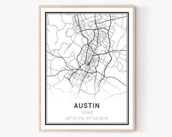 Austin Texas City Map Art Print: Modern Home Decor