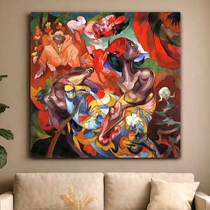 May include: A vibrant, square canvas painting featuring a figure with a red headscarf and colorful clothing. The artwork showcases a dynamic composition with bold colors, including reds, blues, and yellows, and a background with other figures and floral elements.