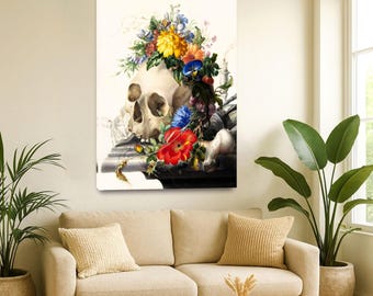 Vanitas Skull Canvas Print: Baroque Floral Memento Mori Wall Art