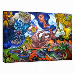 May include: A vibrant, abstract painting on canvas. The artwork features a surreal scene with figures in shades of blue, yellow, and brown. A dragon-like creature and other fantastical elements are also present, set against a backdrop of swirling colors.