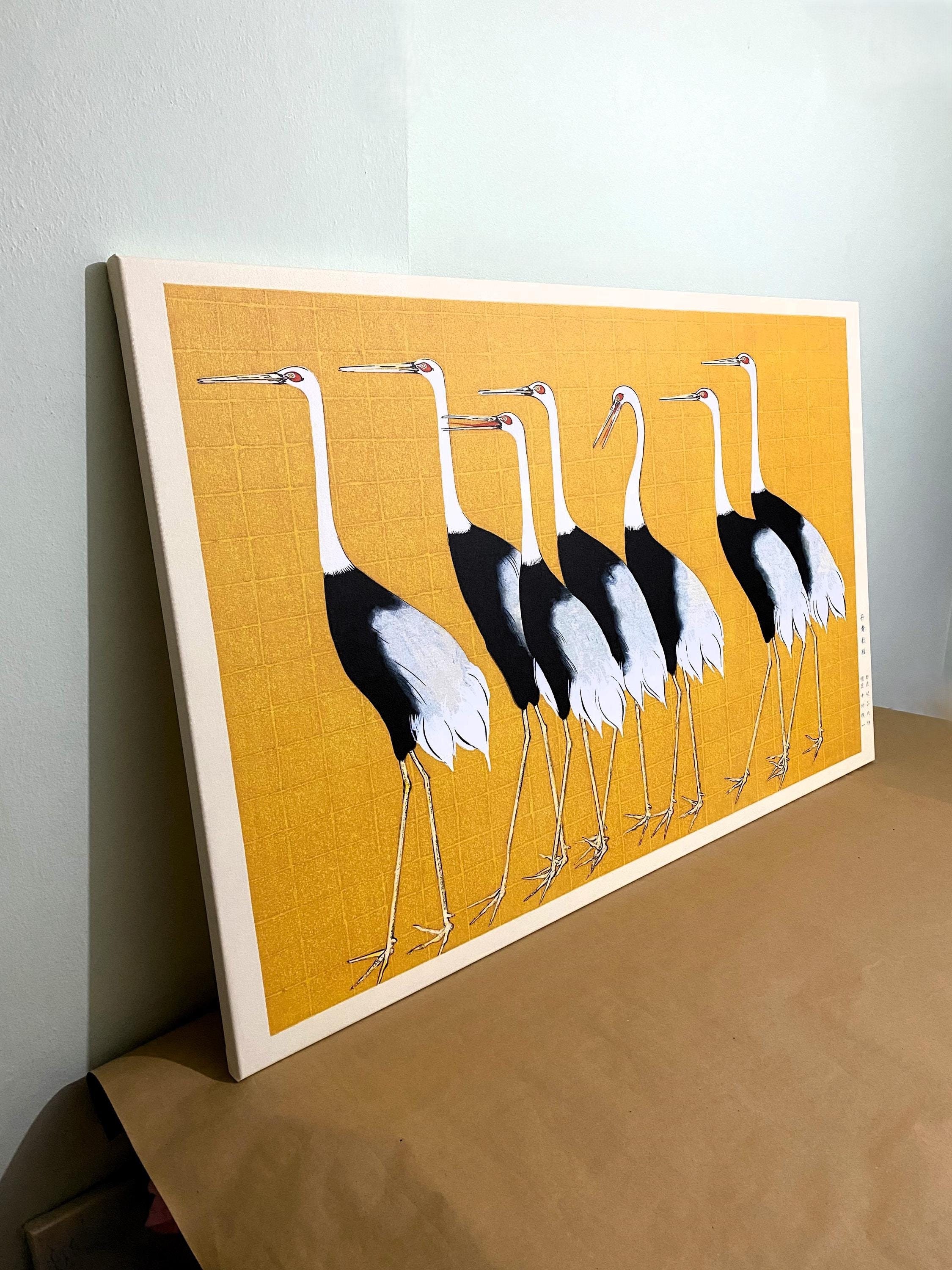 尾形光琳作「日本の赤い冠鶴」キャンバスアート、日本の鳥の群れ