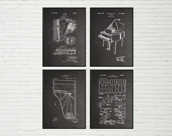 Juego de 4 láminas de patentes de piano / Decoración de sala de música, Juego de patentes de piano, Arte mural de piano, Decoración de piano, Regalo para profesor de música, Regalo para pianista - Sin marco