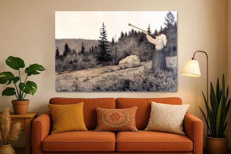 Theodor Kittelsen Canvas Print: Nordic Horn Sound Scene, Nature ...