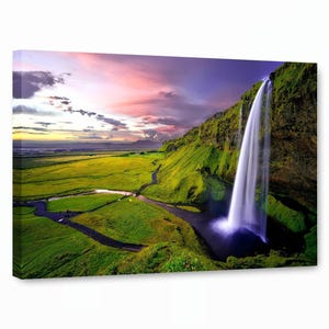 Sunset Waterfall Canvas Art | Majestic Landscape Wall Decor | Nature Scene Fine Canvas for Living Room, Office or Bedroom Decoration