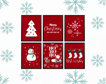 Lot de 6 gravures de Noël | Art mural des Fêtes | Décoration d'intérieur festive