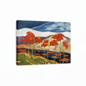 May include: A canvas print of a landscape painting featuring vibrant red flowers with yellow centers, set against a backdrop of rolling hills and a blue sky. The artwork has a warm color palette with shades of orange, brown, and green.