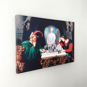 Devil&#39;s Checkmate Leinwand Wandkunst: Schachspieler Malerei, fertig zum Aufhängen
