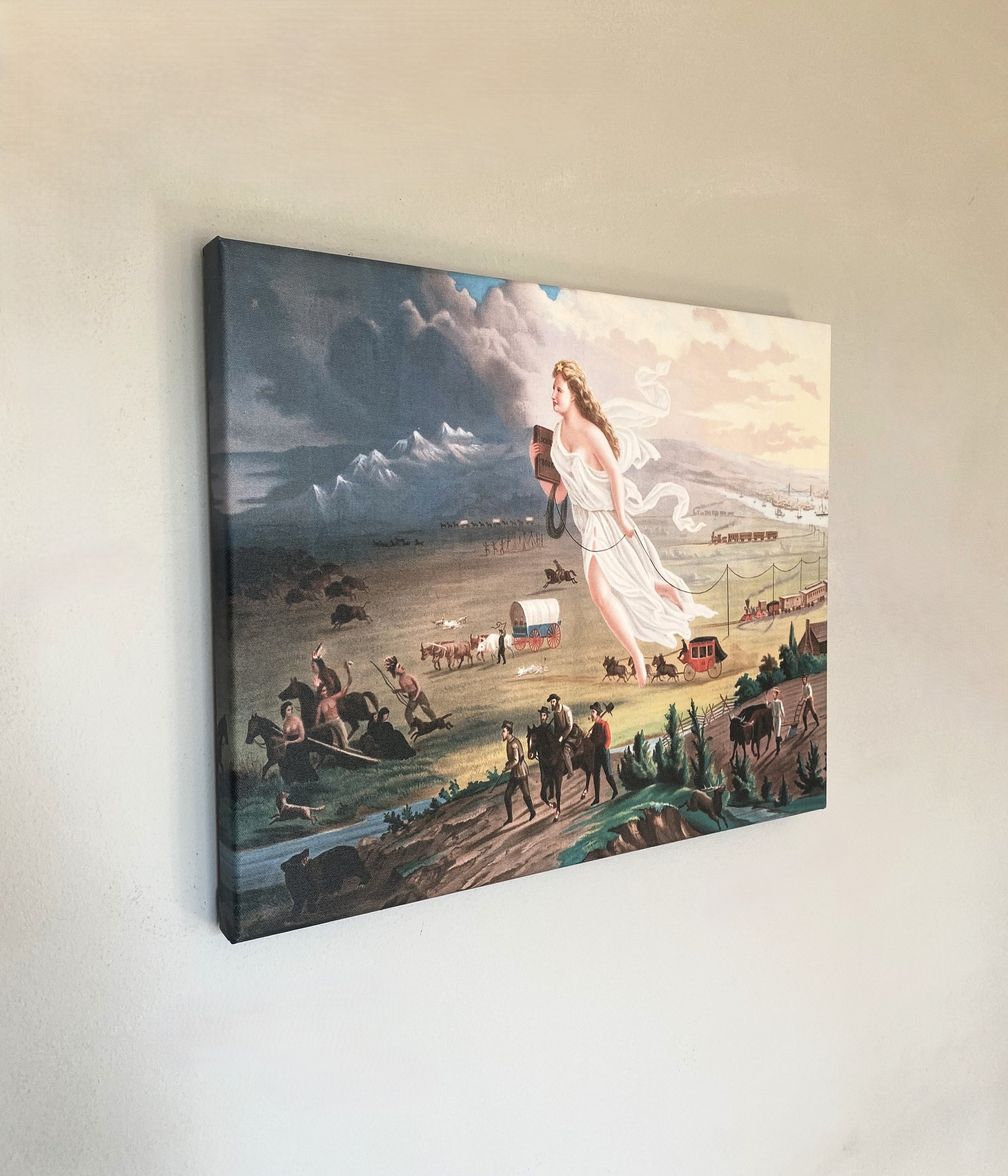 Arte en lienzo "American Progress" de John Gast, impresión "Manifiesto Destino", "Espíritu de la Frontera", impresión en lienzo de reproducción, listo para colgar.