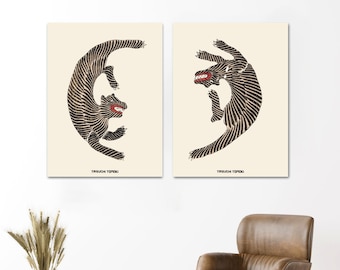 Japanese Tiger Canvas Print Set: Ukiyo-e Style Animal Art