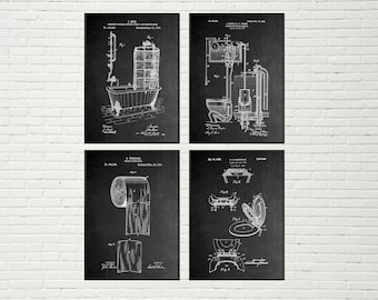 Vintage Bathroom Patent Prints - Set of 4 - Toilet Paper, Tub, Cistern