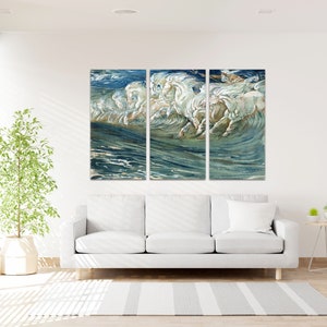 May include: A three-panel canvas print depicting a group of white horses galloping through a stormy sea. The waves are a deep blue and green, and the horses are white with flowing manes and tails.