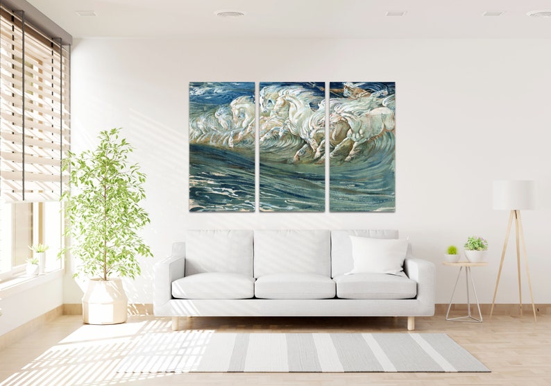 May include: A three-panel canvas print depicting a group of white horses galloping through a stormy sea. The waves are a deep blue and green, and the horses are white with flowing manes and tails.