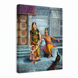 Radha und Krishna von M. V. Dhurandhar Leinwand | hinduistische Mythologie romantische Kunst | Indisches paar Wanddekor | Göttliche Liebe Leinwand für Zuhause