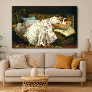 Auguste Toulmouche Canvas Art: Victorian Woman on Sofa, Fine Art Print