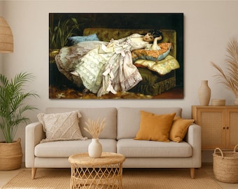Auguste Toulmouche Canvas Art: Victorian Woman on Sofa, Fine Art Print