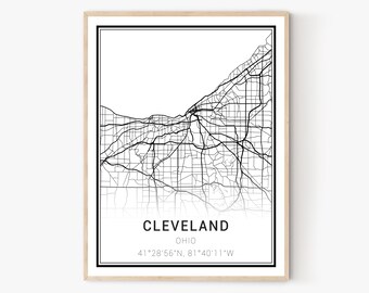 May include: Black and white line art map of Cleveland, Ohio. The map shows the city's streets and roads. The text "CLEVELAND" and "OHIO" are printed below the map, along with the coordinates "41°28'56"N, 81°40'11"W".