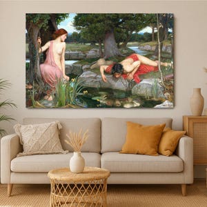 Echo and Narcissus by John William Waterhouse Canvas | Victorian Style Greek Mythology Wall Art | Romantic Classical Canvas Decor