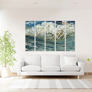 May include: A five-panel canvas print depicting a group of white horses galloping through a blue and green ocean. The horses are in mid-stride, with their manes flowing in the wind. The water is choppy and foamy, and the sky is a deep blue.