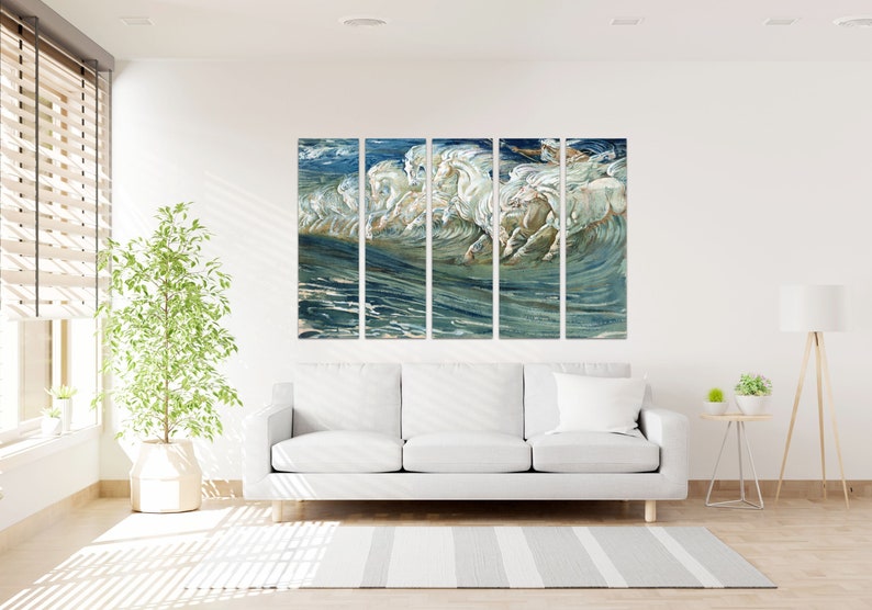 May include: A five-panel canvas print depicting a group of white horses galloping through a blue and green ocean. The horses are in mid-stride, with their manes flowing in the wind. The water is choppy and foamy, and the sky is a deep blue.