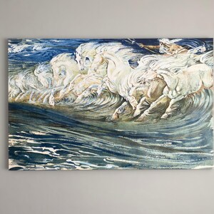 May include: A watercolor painting depicting a mythical scene of a figure riding a group of white horses through a stormy sea. The water is a deep blue with whitecaps and the horses are depicted with flowing manes and tails.