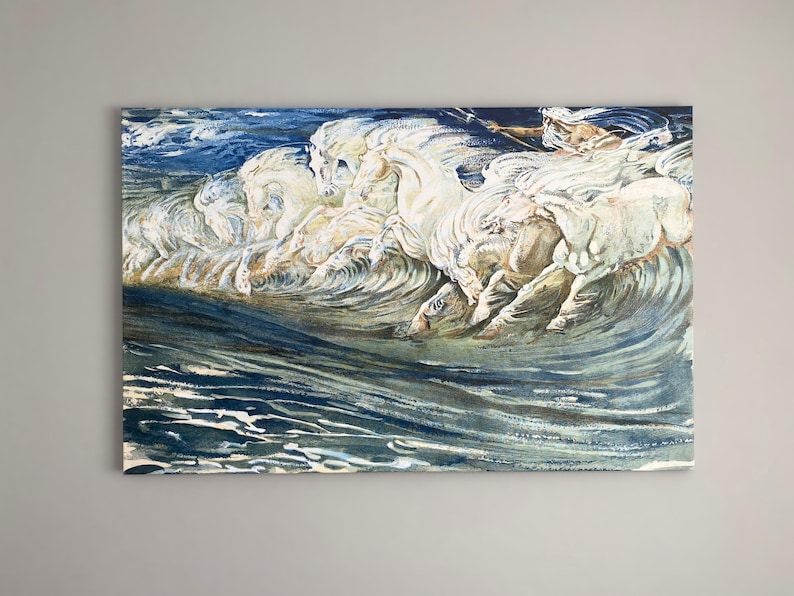 May include: A watercolor painting depicting a mythical scene of a figure riding a group of white horses through a stormy sea. The water is a deep blue with whitecaps and the horses are depicted with flowing manes and tails.