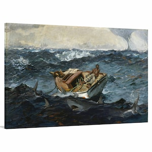 Könnte beinhalten: Ein Gemälde, das ein kleines Boot mit zwei Personen zeigt, das von Haien in einem stürmischen Meer umgeben ist. Das Boot ist aus Holz mit einem weißen Rumpf und einem braunen Deck. Die Personen tragen einfache Kleidung und scheinen in Not zu sein. Das Meer ist unruhig und der Himmel ist dunkel und stürmisch.