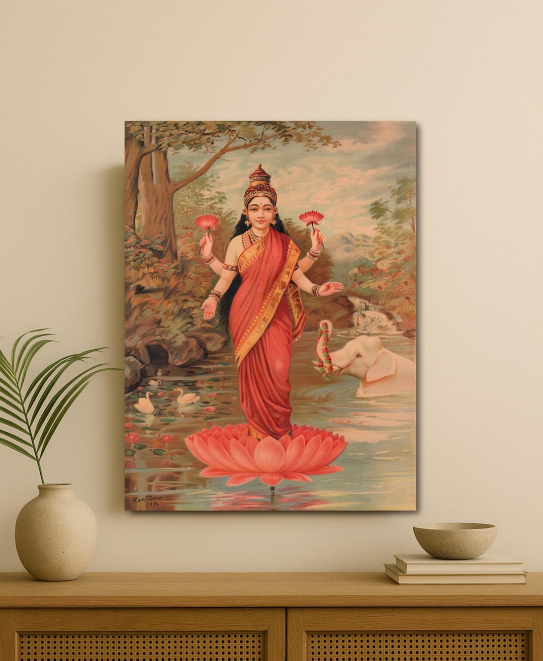 Mahalakshmi Ravi Raja Ravi Varma – Lakshmi (1894) Canvas Art, Hindu Goddess Wall Decor ...