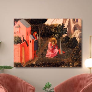 May include: A framed Renaissance-style painting depicts a religious scene. A figure in pink robes kneels under a tree, with a halo. Two other figures stand nearby, one in blue. Buildings and trees fill the background.