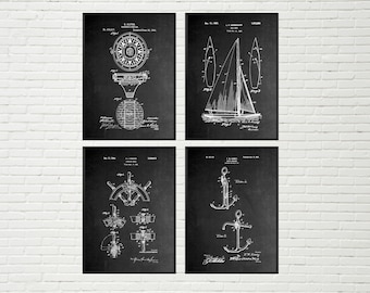 Nautical Patent Art Prints: Sailboat, Anchor, Compass, Wheel - Set of 4