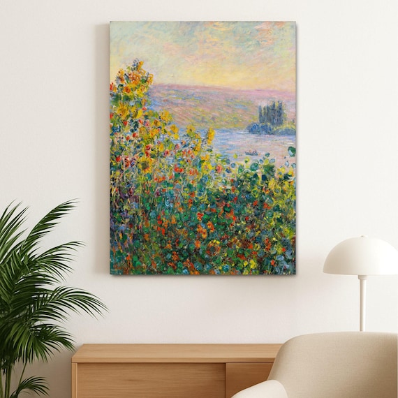 モネ「ヴェトゥイユの花壇」キャンバスプリント - フランスの風景画