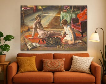 Impresión artística en lienzo de una partida de ajedrez impresionista: elegante decoración de pared para el hogar