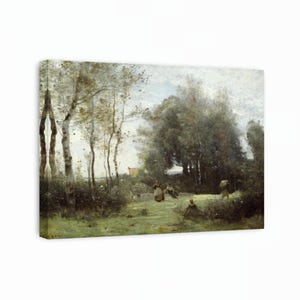 May include: A canvas print of a landscape painting. The artwork shows a path through a grassy area with trees and figures. The color palette is muted with greens, browns, and greys, creating a serene and naturalistic scene.