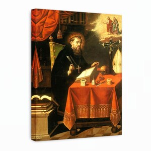 Peut inclure: Impression sur toile d'une peinture religieuse représentant un homme en robe noire écrivant à une table. La table est recouverte d'un tissu rouge et comporte un crâne et d'autres objets. Une croix est suspendue au cou de l'homme.