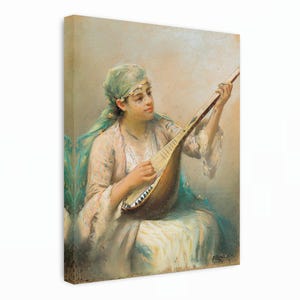 Woman Playing a String Instrument by Fausto Zonaro Canvas Art, Famous Art Print, Canvas Gallery Wrapped, Reproduction Canvas Home Decor