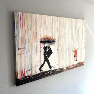 Paraguas de colores de Banksy, lienzo del hombre con paraguas de Banksy, grafiti de arte callejero de Banksy, lluvia de colores, decoración del hogar, ¡LISTO PARA COLGAR!