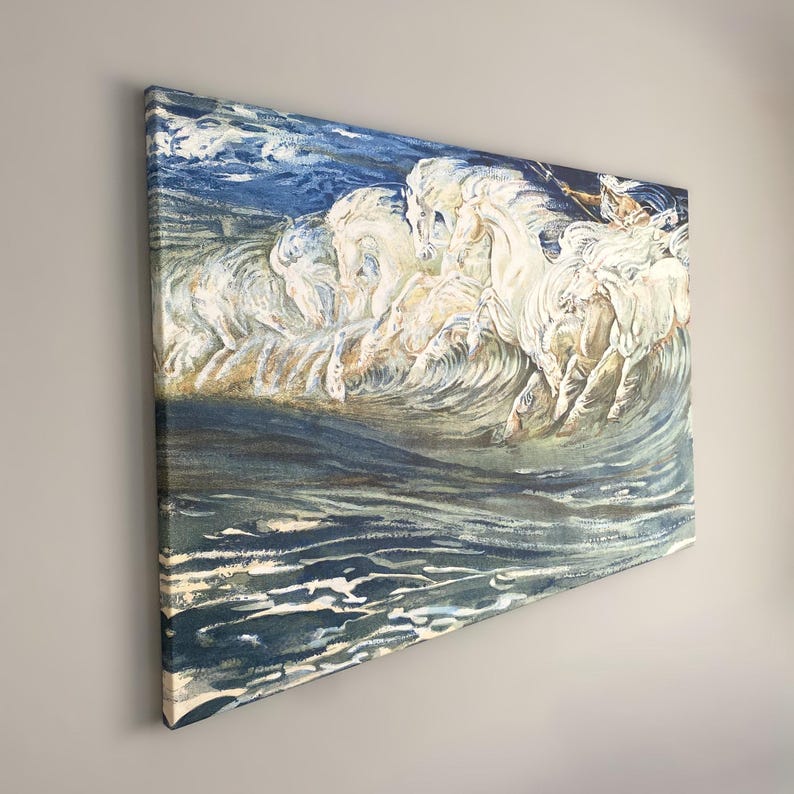 May include: A painting of white horses galloping through the ocean waves. The water is a deep blue and the horses are white with a hint of gold. The sky is a light blue with white clouds.