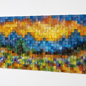 Flowers Sunset, Wood wall art colored intense painting 3D landscape natural sculpture mosaic in blue yellow orange purple green red brown