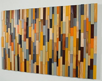 Reclaimed wood wall art sculpture, modern abstract 3d wooden art in shades of gold, natural wood textures and orange, vibrant colors decor