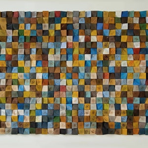 Large wood wall art decor, Wooden mosaic minimalist pixel mosaic painting, Complex 3D Colorful Abstract Modern sculpture, sound diffuser
