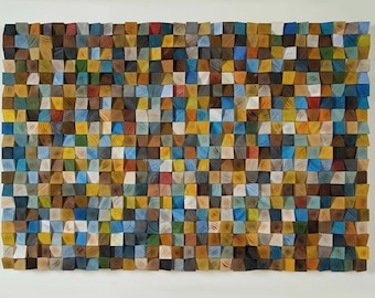 Große Holz-Wand-Kunst-Dekor, Holz-Mosaik minimalistische Pixel-Mosaik-Malerei, komplexe 3D-bunte abstrakte moderne Skulptur, Klang-Diffusor