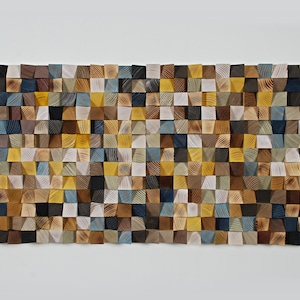 Modern Wood Wall Art, 3D Wooden mosaic blocks decor sculpture in gray yellow brown black, modern abstract painting, acoustic sound diffuser