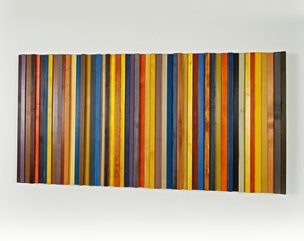 Pared de madera Arte Escultura 3D, Madera Abstracta Contemporánea Playa Atardecer Paisaje Rayas Naranja Azul Amarillo Rojo Decoración Original Pintura