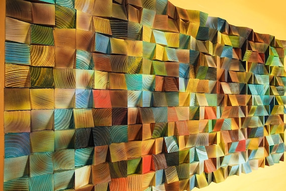 Wood wall art, wood mosaic sculpture cubes modern rustic wall art, abstract orange blue painting 3D wood art decoration, Geometric wall art
