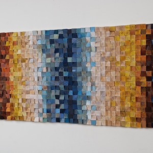 Gradient mosaic wood wall art painting sculpture contemporary decoration, living room modern 3D decor art panel, Unique Rustic Colorful Art