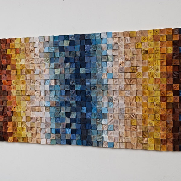 Mosaico sfumato legno arte murale pittura scultura decorazione contemporanea, soggiorno moderno 3D decoro pannello artistico, Unico Rustico Colorato Arte