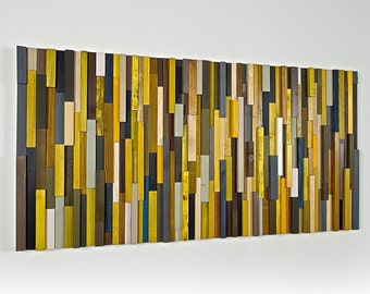 Wood wall art decoration sculpture stripes decor, Modern original reclaimed wooden 3d abstract painting piece with gray yellow black brown