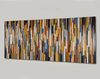 Escultura de arte de pared de madera decoración pintada, grande 3d moderno beige mostaza marrón gris pieza colorida de madera única, arte de decoración rústica
