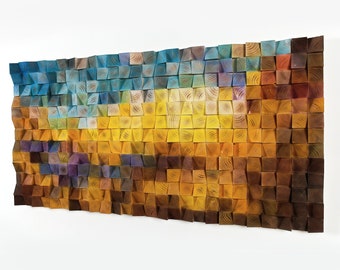 Sunrise Wood Wall Art, Unique 3D Painting Wood Wall Art Sculpture, Wooden Mosaic, Modern Blue Orange Wood Wall Art, Textured wall decor