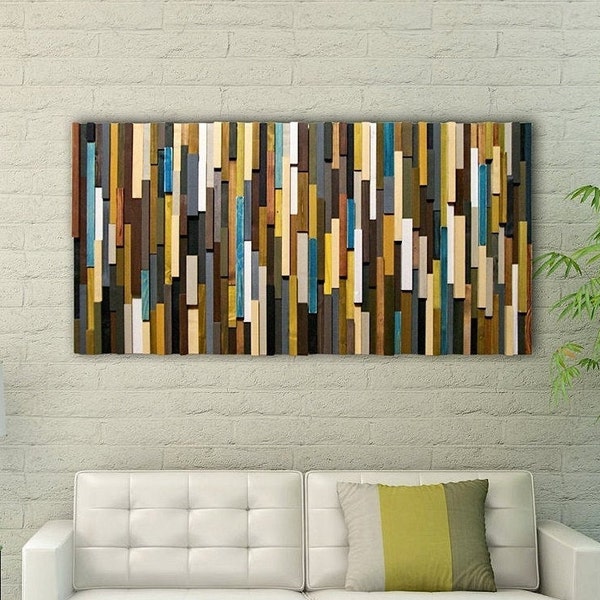 Natural Geometric - Wood Wall Art Sculpture, Abstract Rustic Stripes Modern Artwork, Geometric 3D Decoration, Blue Nature Green Art Sequence