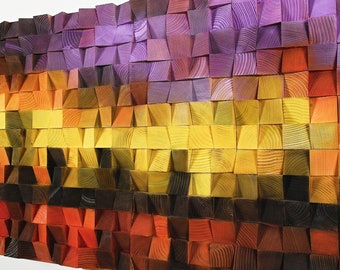 Night Cityscape - Wood Wall Art Mosaic, Painted Wooden 3d Art Sculpture, Sunset Abstract Painting, Purple Mid Century Modern Wall Artwork